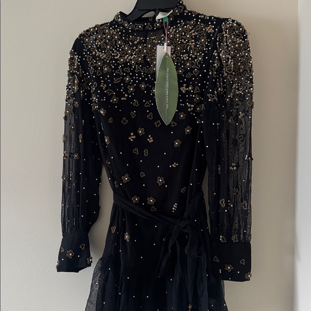 FARM RIO Black Embroidered Tulle Overlay Belted Long Sleeve Mini Dress,Small,398 - Picture 15 of 16
